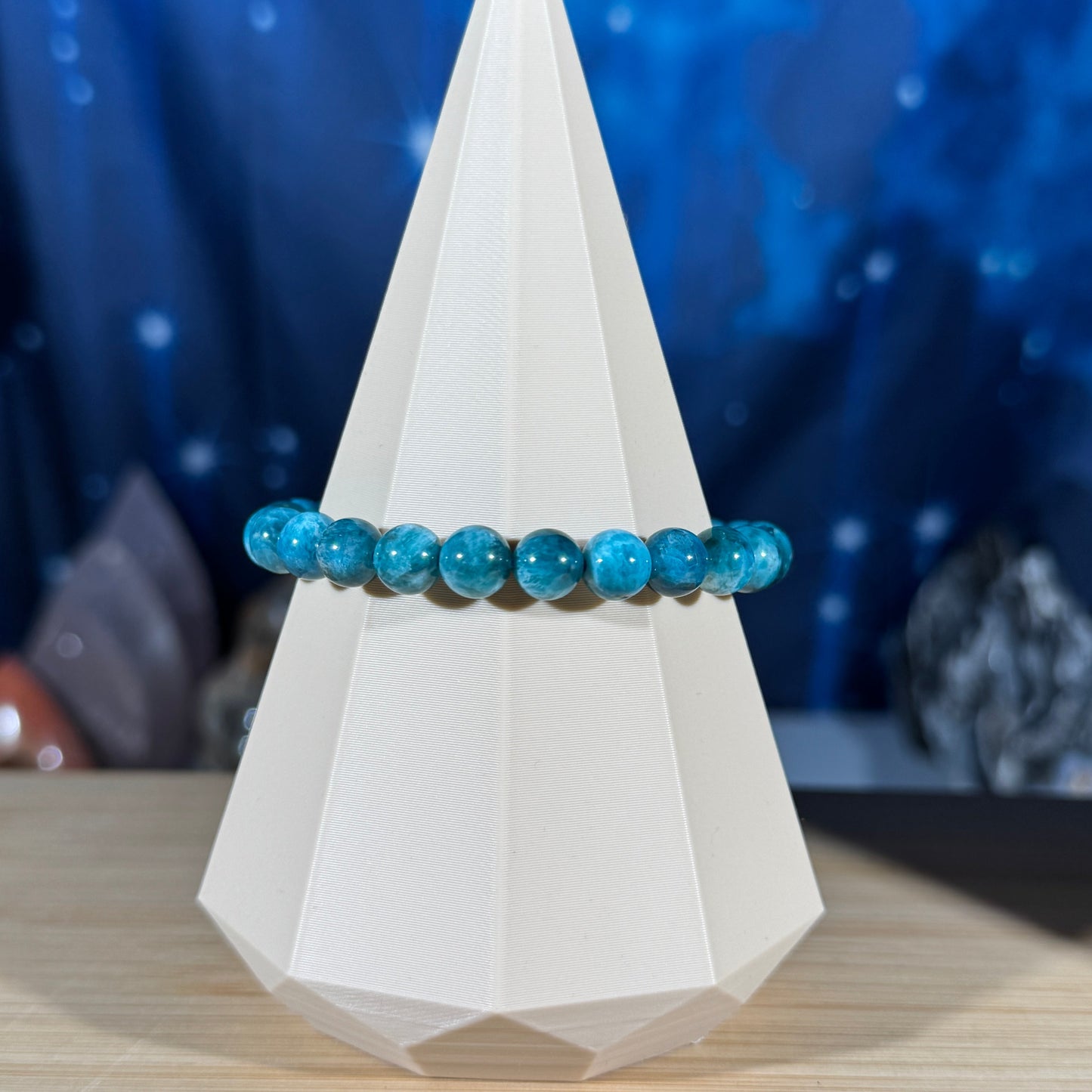 One (1) Blue apatite bracelet-stretchy - 7mm beads - fits 6.5" wrist