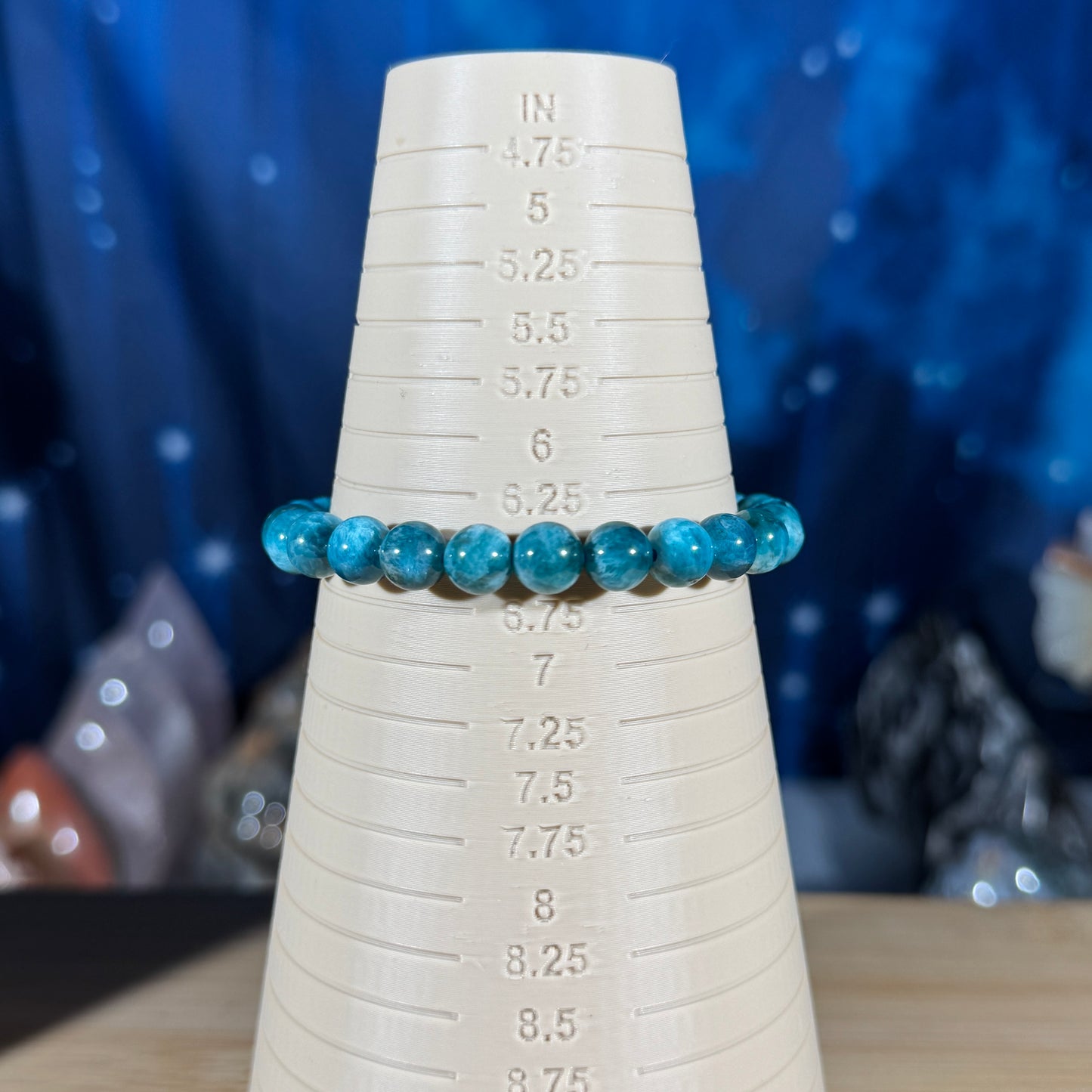 One (1) Blue apatite bracelet-stretchy - 7mm beads - fits 6.5" wrist