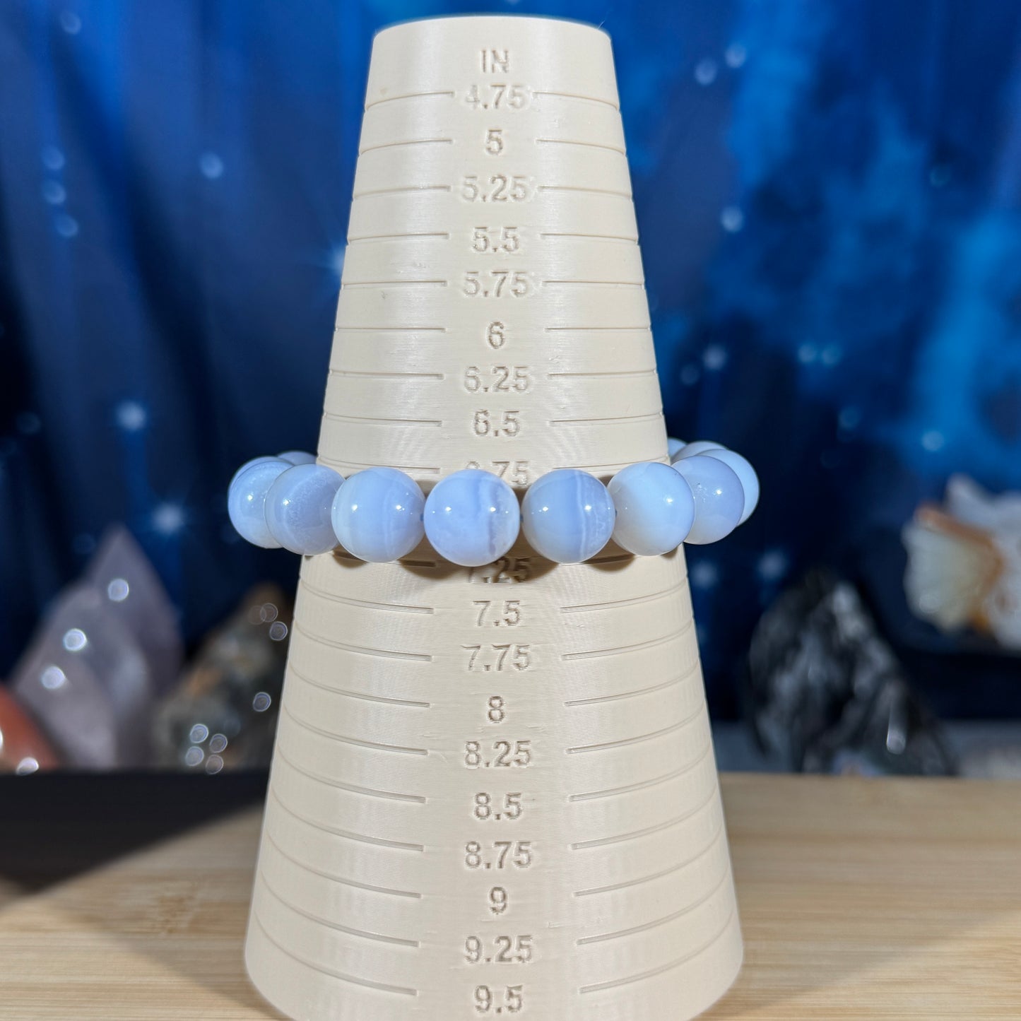 One (1) Blue lace agate bracelet - 12mm beads - fits 6.75" wrist