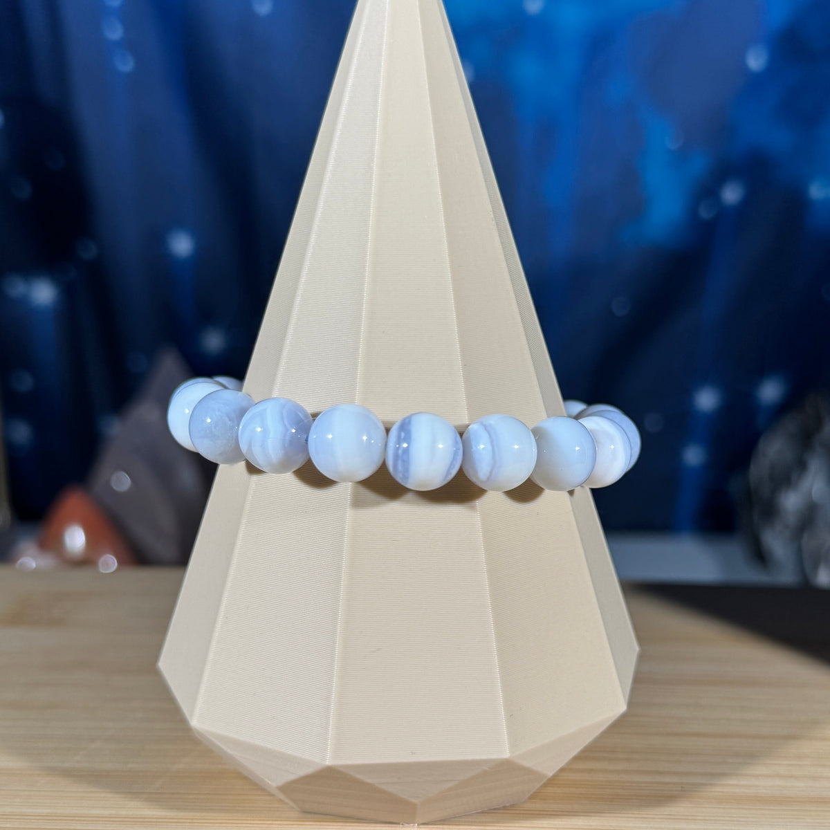 One (1) Blue lace agate bracelet - 10mm beads - fits 6.75" wrist