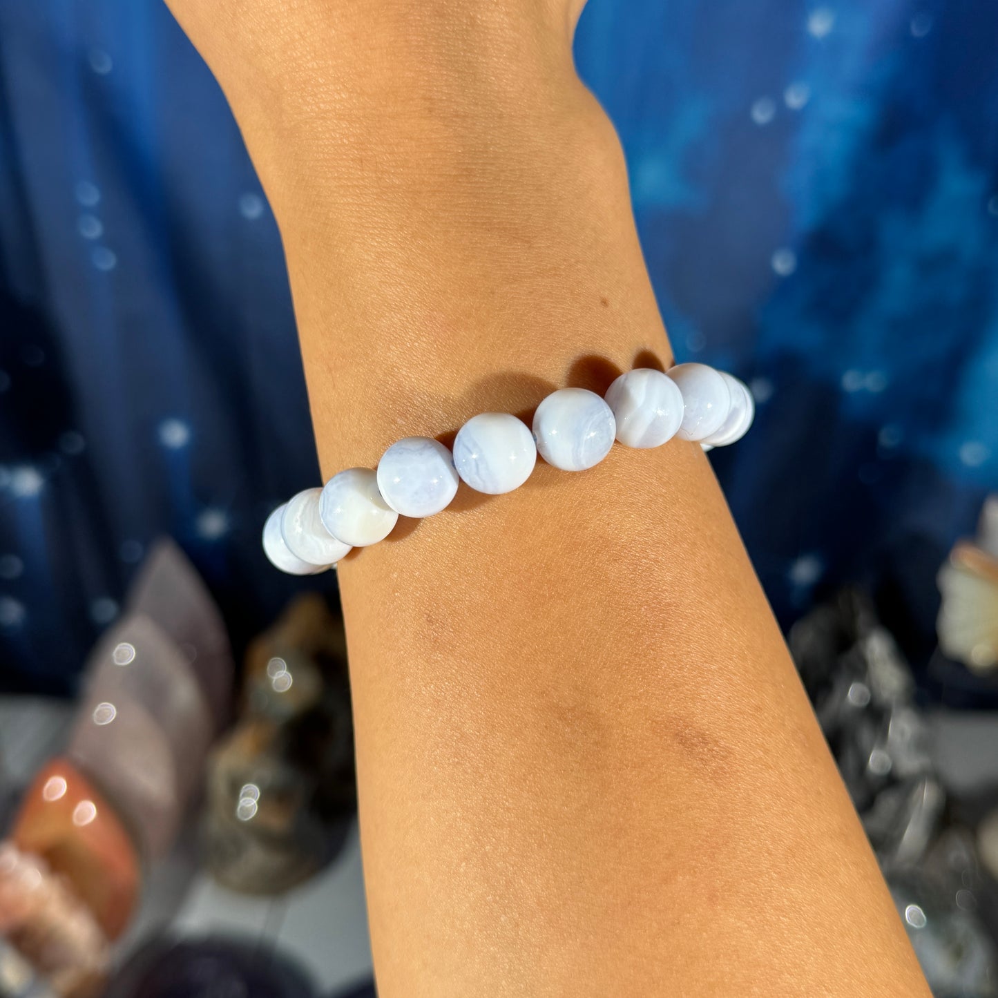 One (1) Blue lace agate bracelet - 10mm beads - fits 6.75" wrist