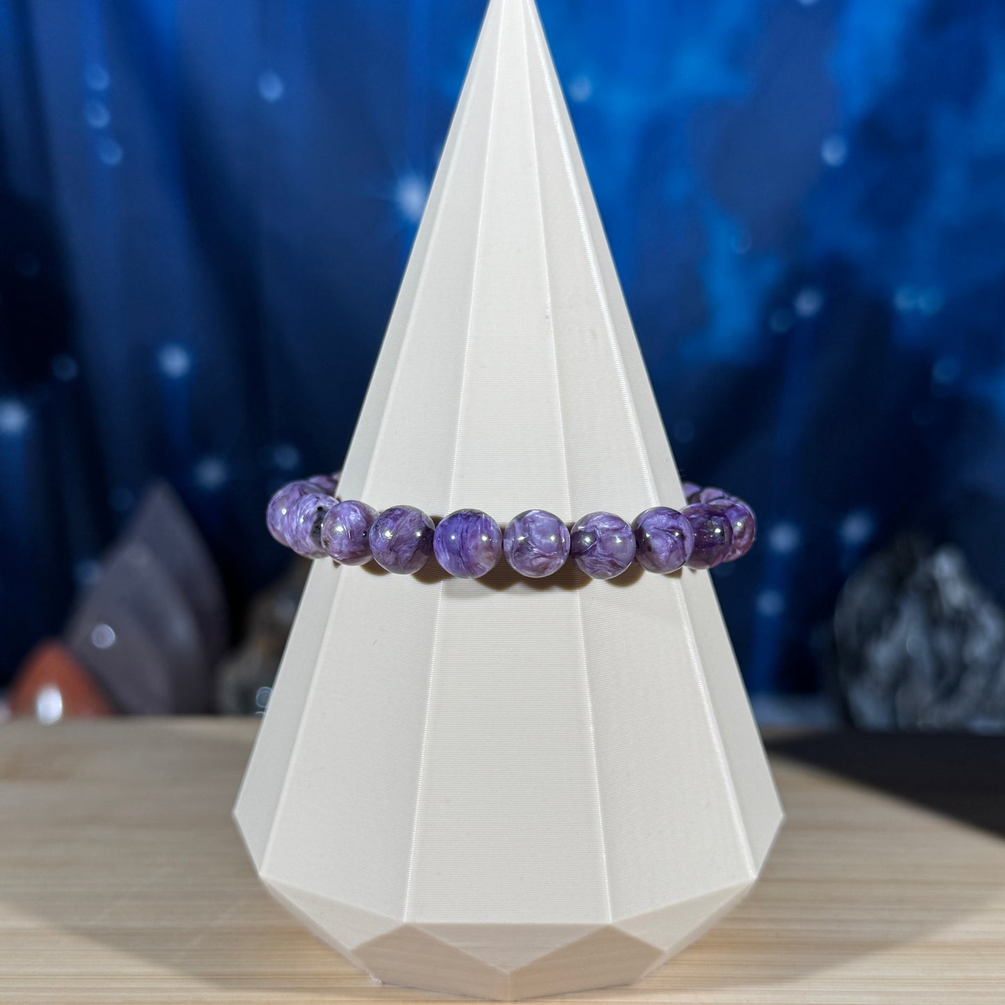 One (1) charoite bracelet - 8mm beads, fits 6.25" wrist - flashy