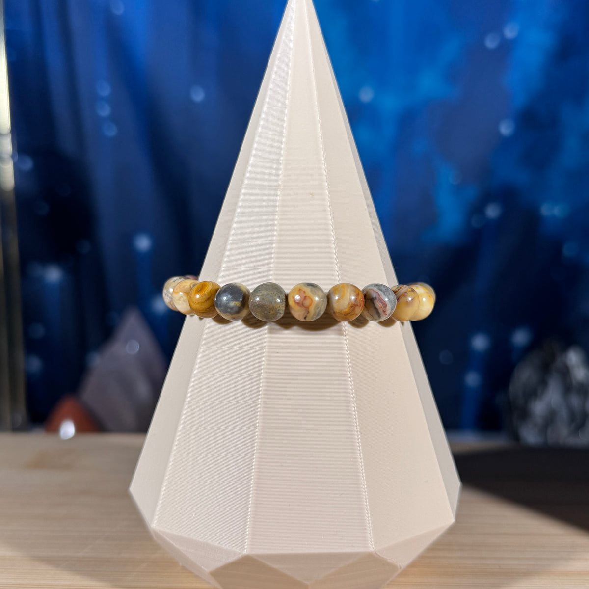 One (1) Crazy lace agate bracelet – 8mm beads, fits 6.25" wrist