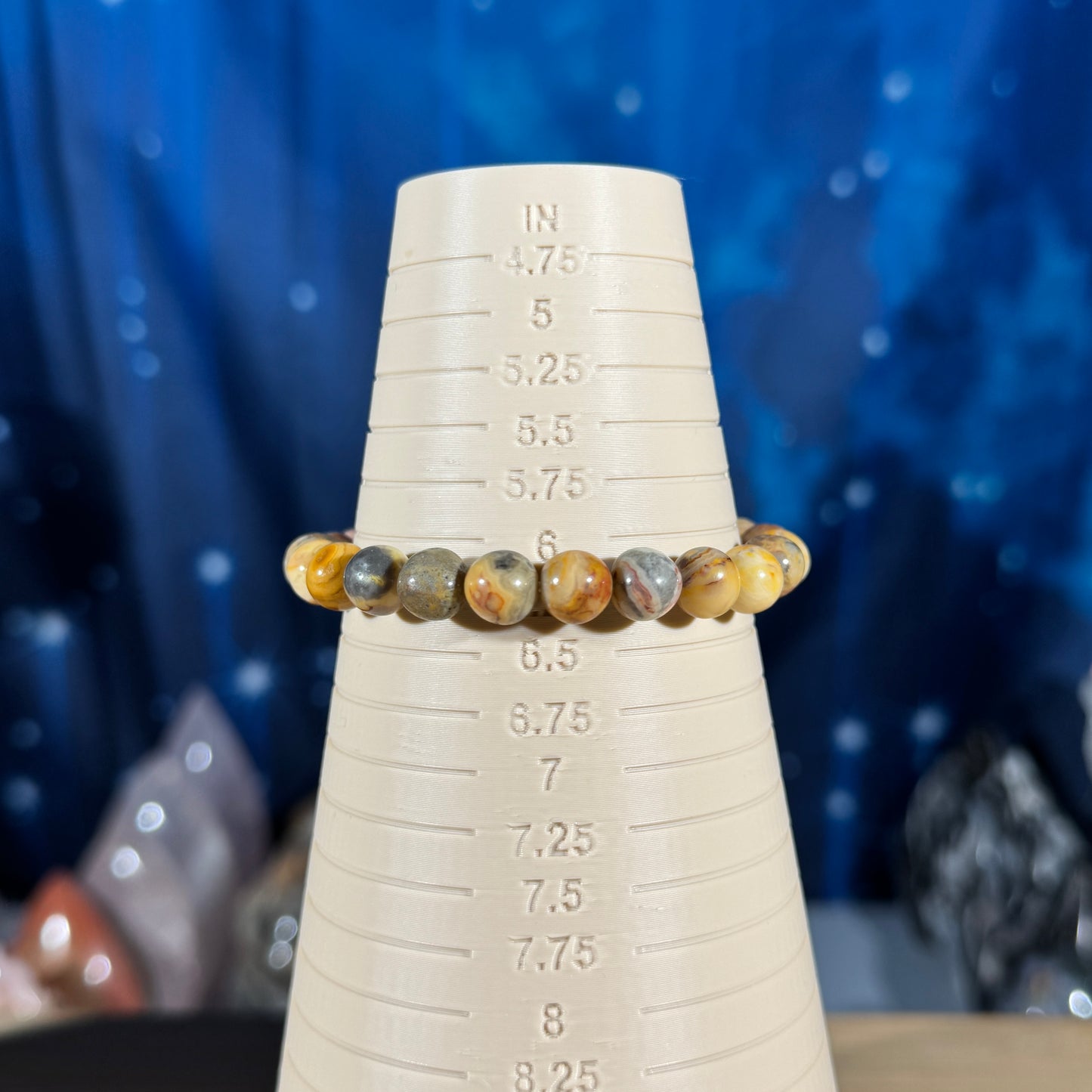 One (1) Crazy lace agate bracelet – 8mm beads, fits 6.25" wrist