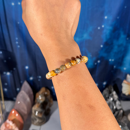 One (1) Crazy lace agate bracelet – 8mm beads, fits 6.25" wrist