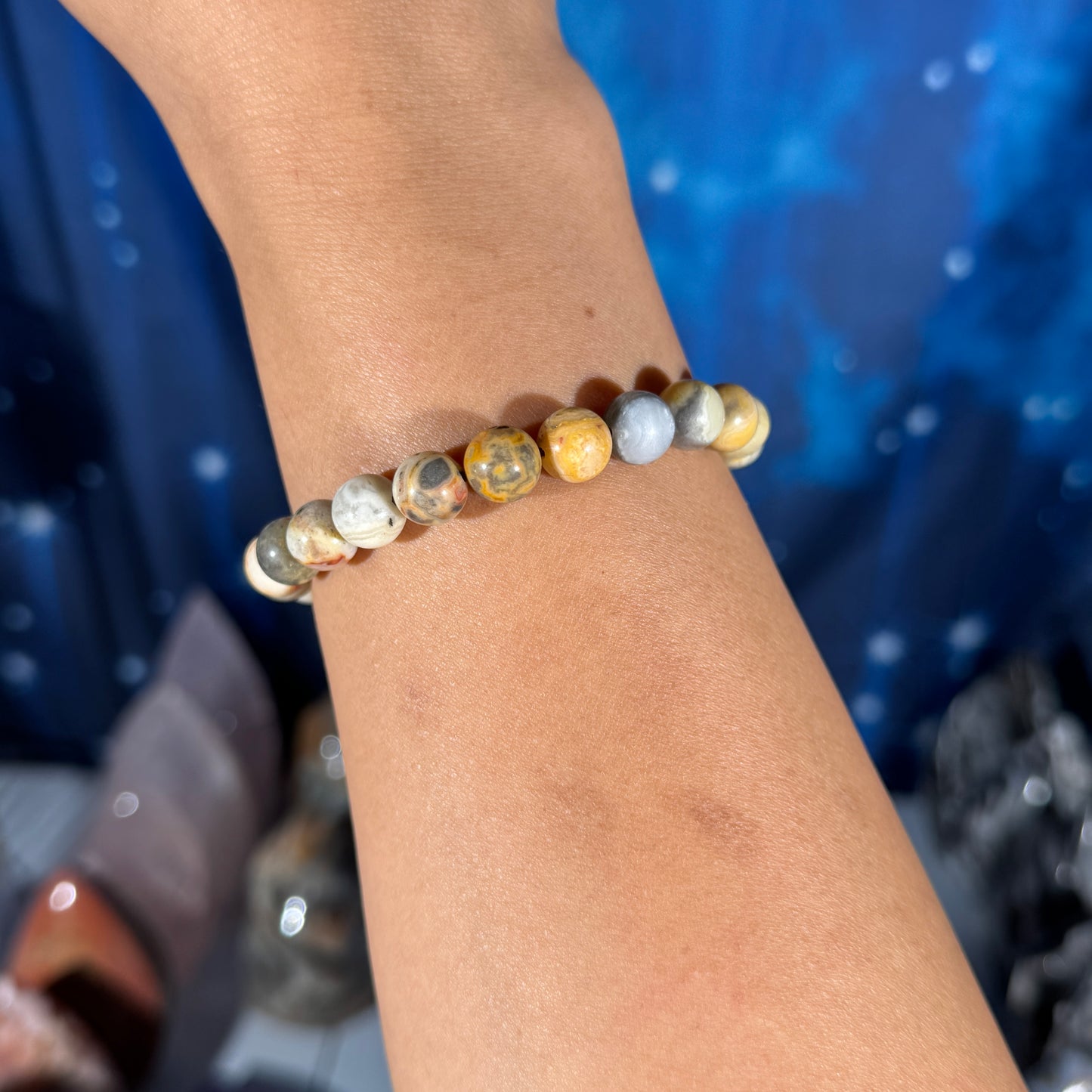 One (1) Crazy lace agate bracelet - 8mm beads, fits 6.75" wrist