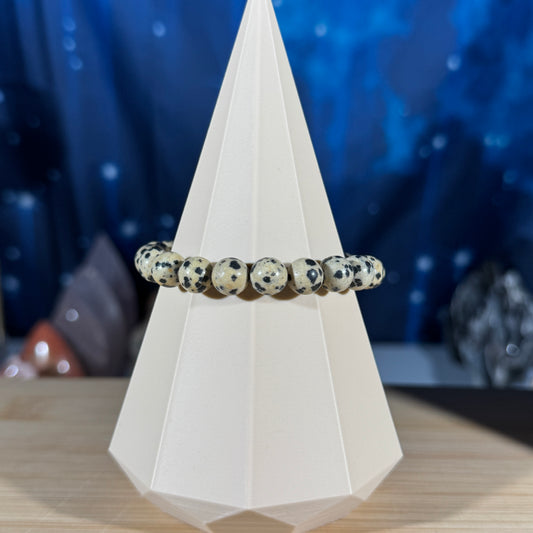 One (1) Dalmatian Stone bracelet - 8mm beads, fits 6" wrist
