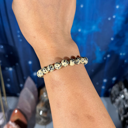One (1) Dalmatian Stone bracelet - 8mm beads, fits 6" wrist