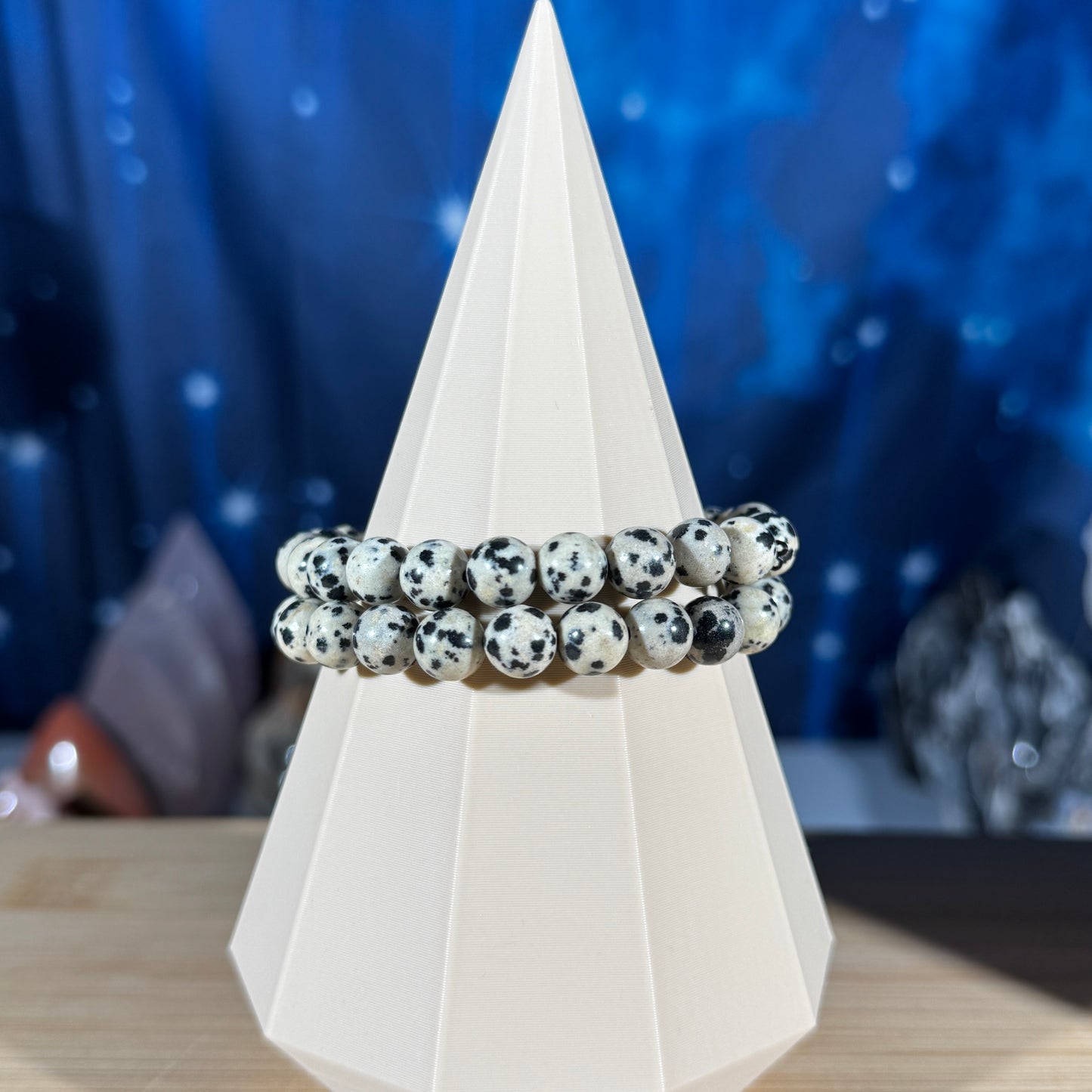 One (1) Dalmatian Stone bracelet - 8mm beads - fits 6.25" wrist