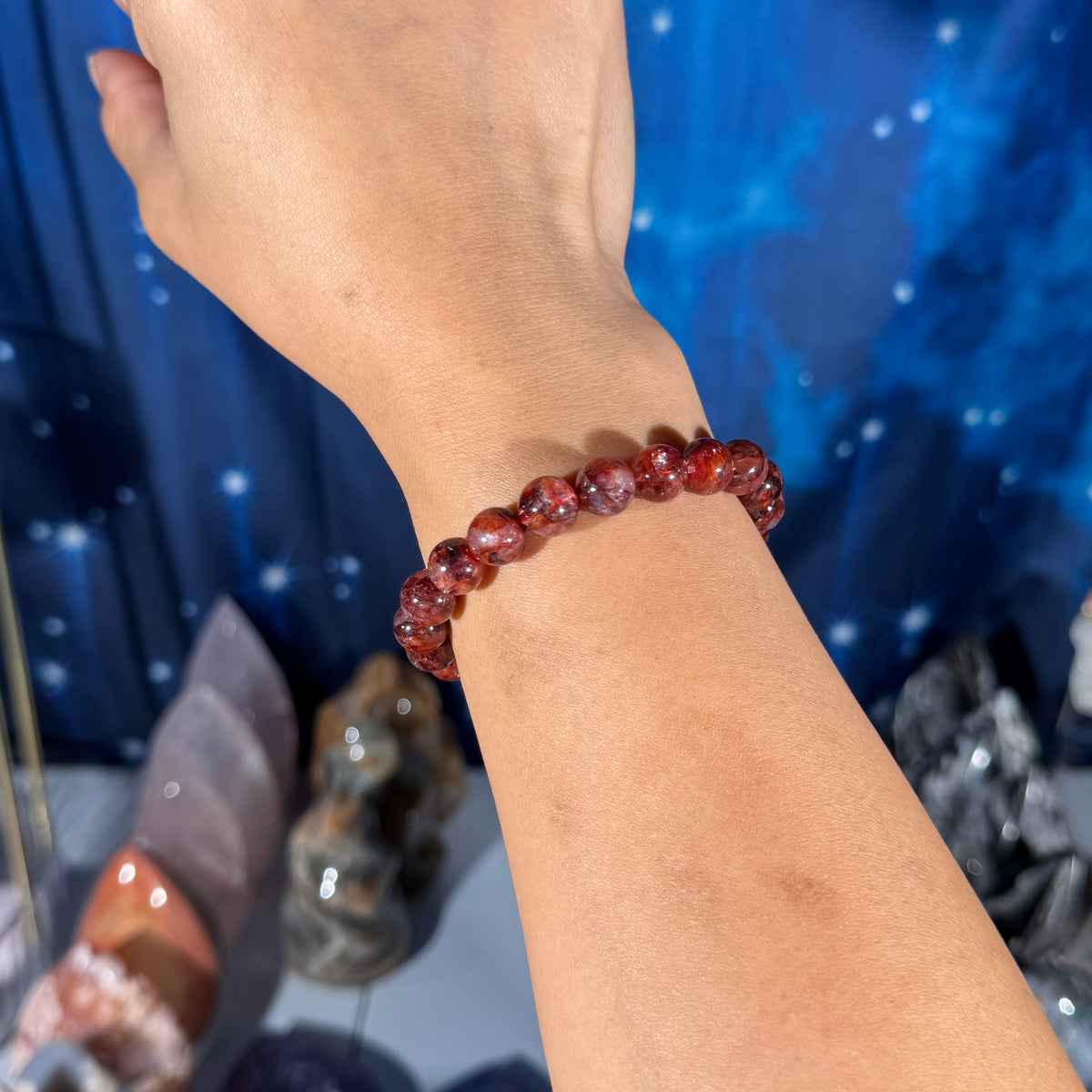 One (1) Fire Quartz bracelet - 9mm beads, fits 6.5" wrist