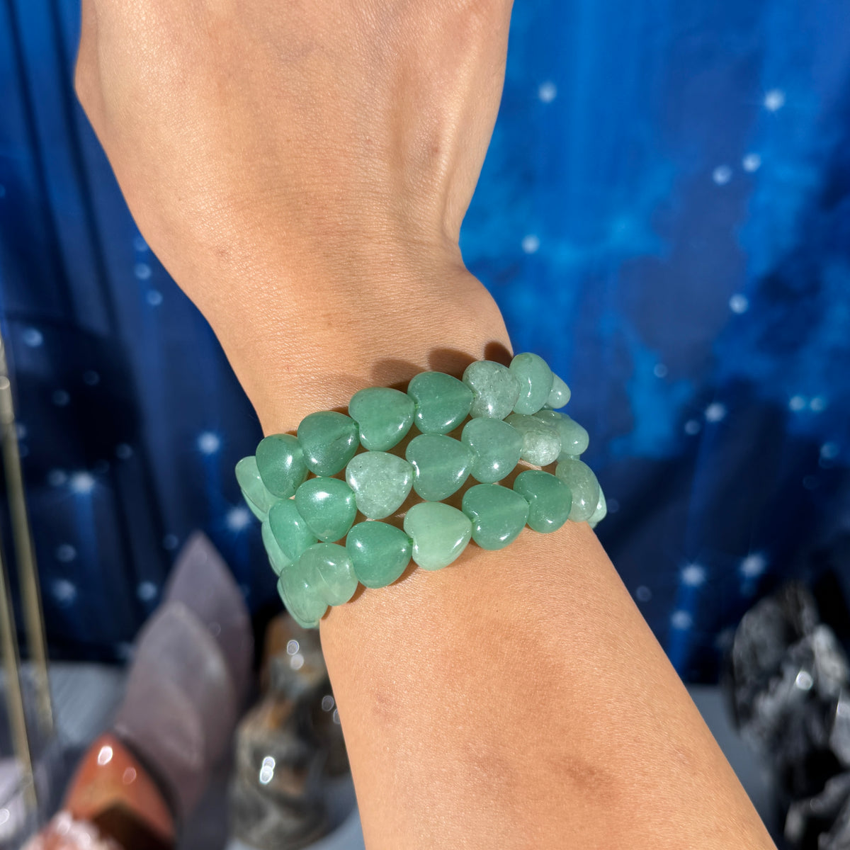 One (1) Green Aventurine heart bracelet - 12mm bead length - fits 6.5" wrist