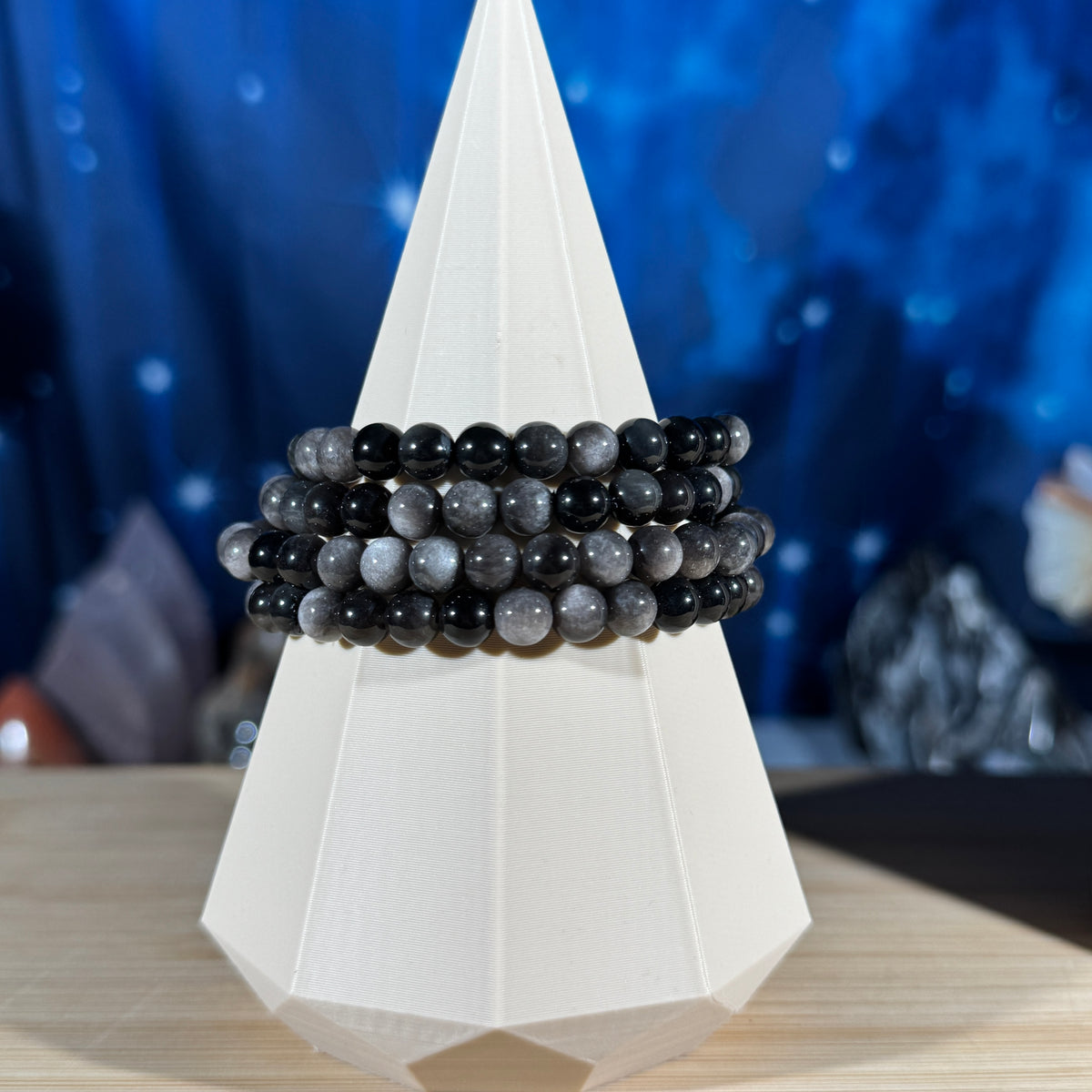 One (1) flashy Silver Sheen Obsidian bracelet - 6mm beads - fits 6.5" wrist