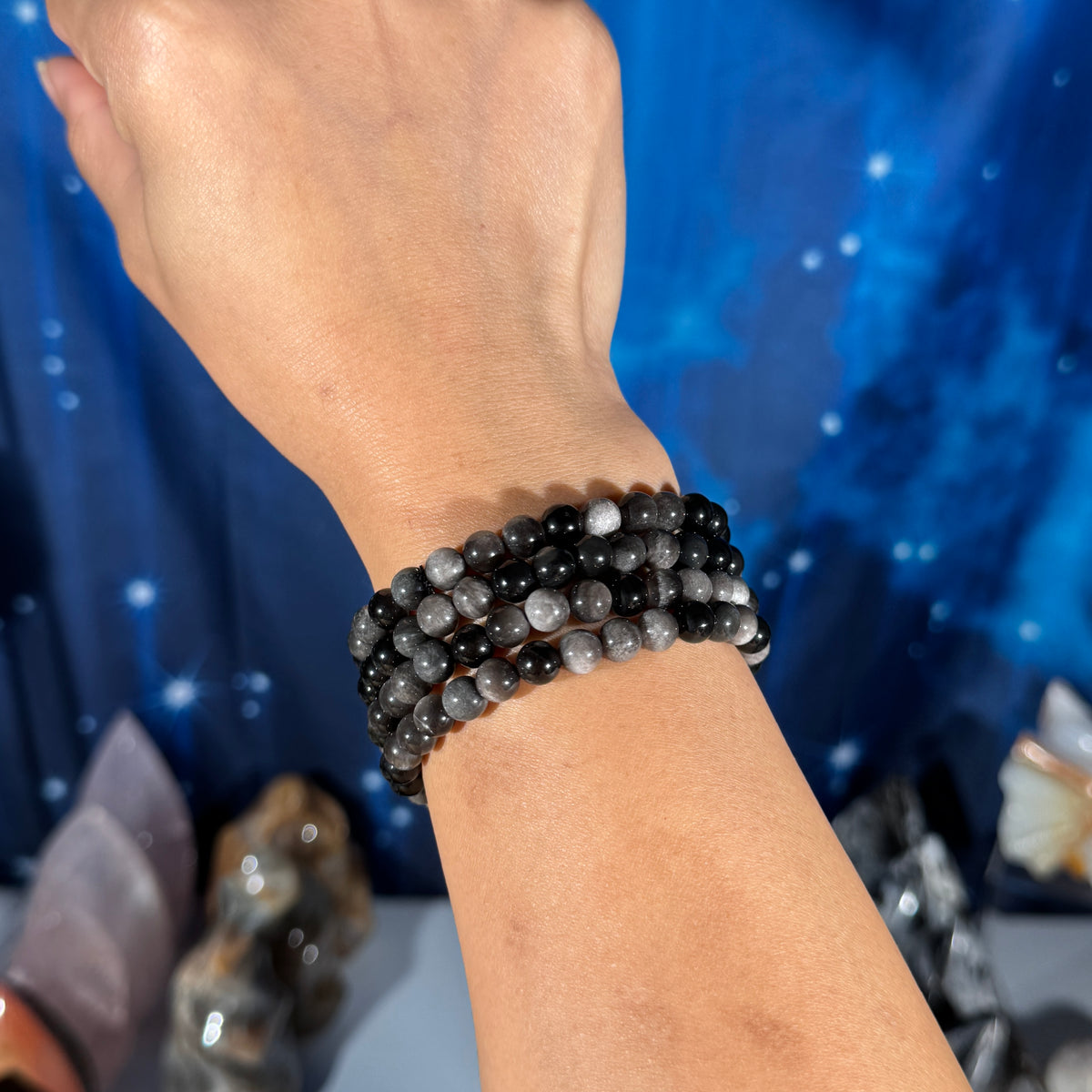 One (1) flashy Silver Sheen Obsidian bracelet - 6mm beads - fits 6.5" wrist