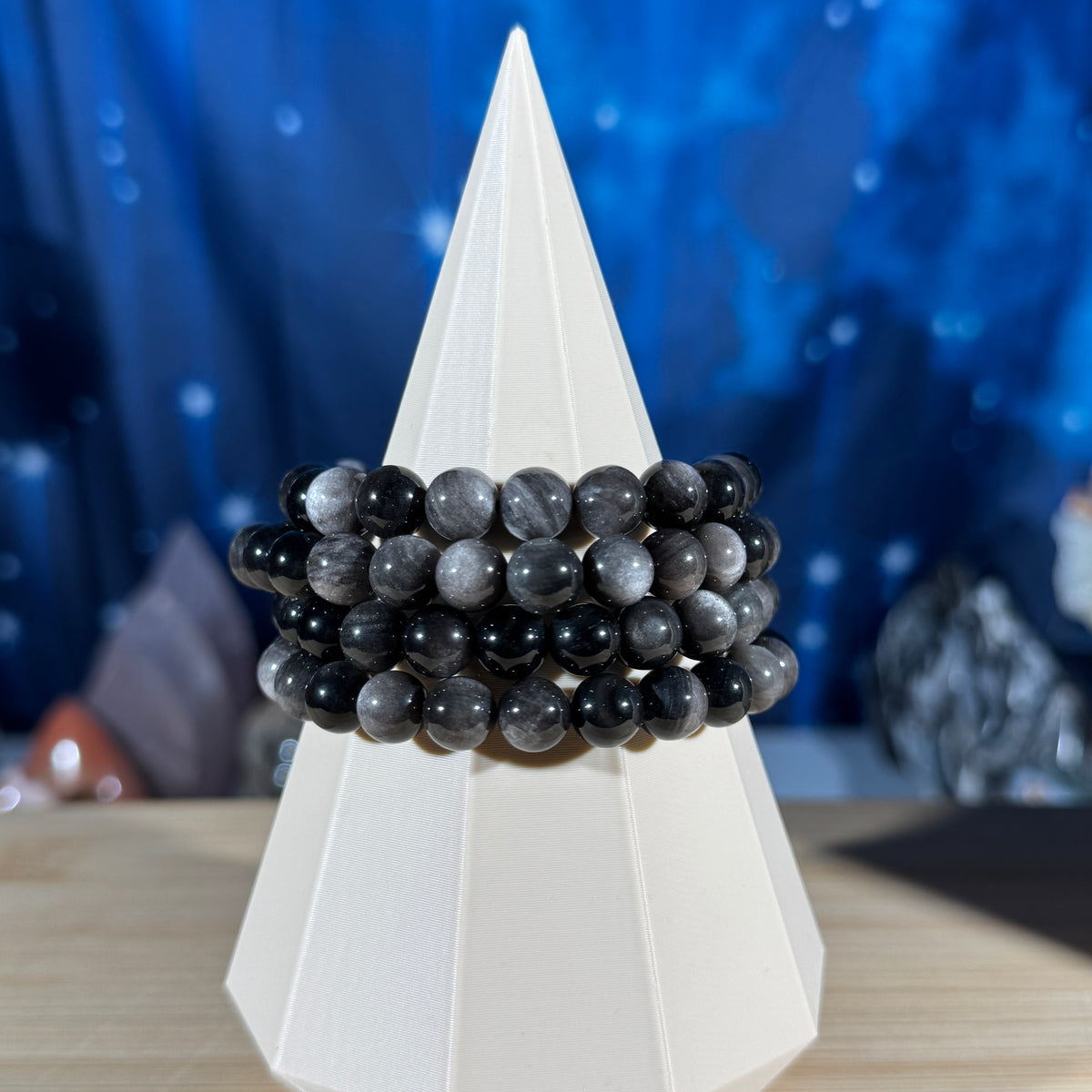 One (1) flashy Silver Sheen Obsidian bracelet - 8mm beads - fits 6.5" wrist