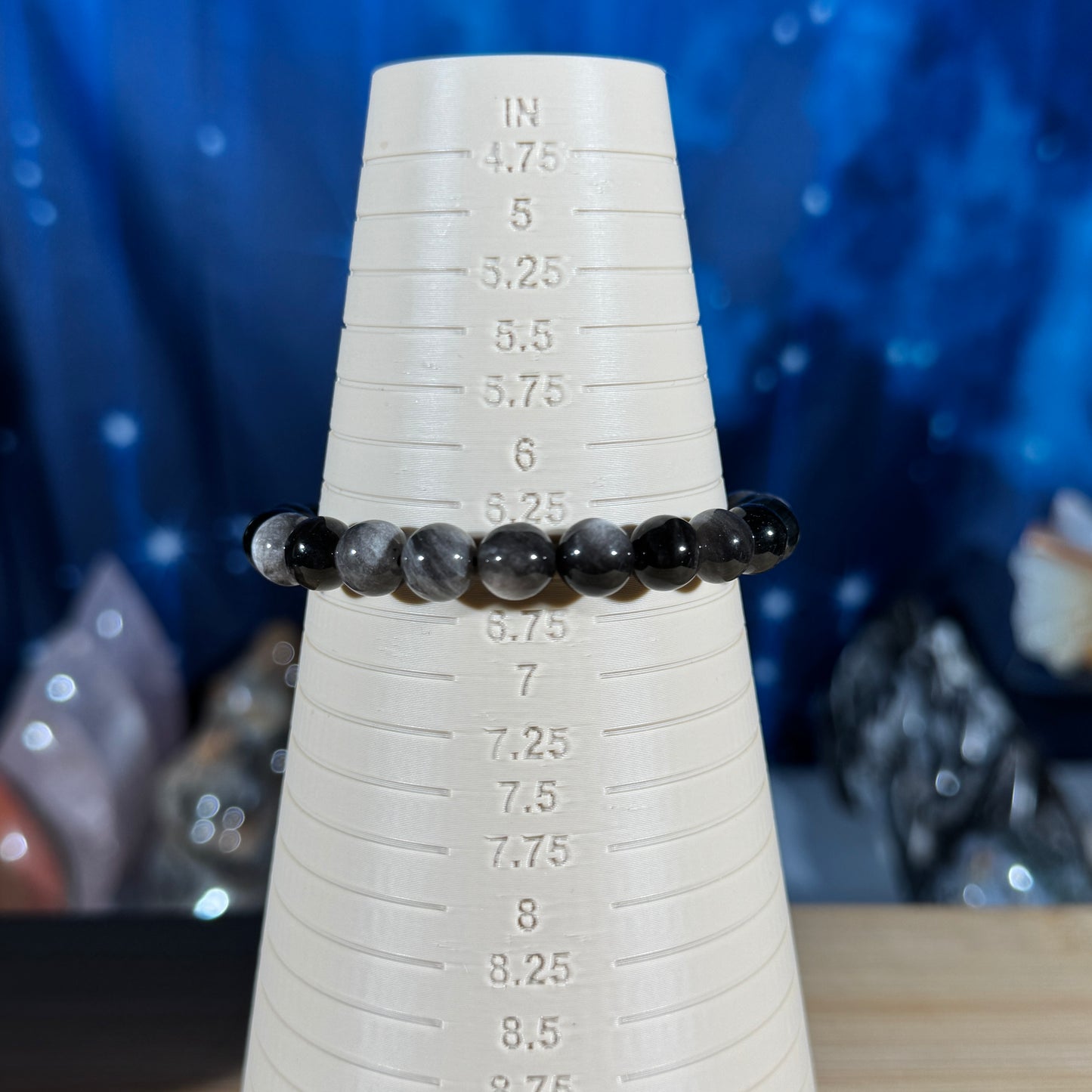 One (1) flashy Silver Sheen Obsidian bracelet - 8mm beads - fits 6.5" wrist