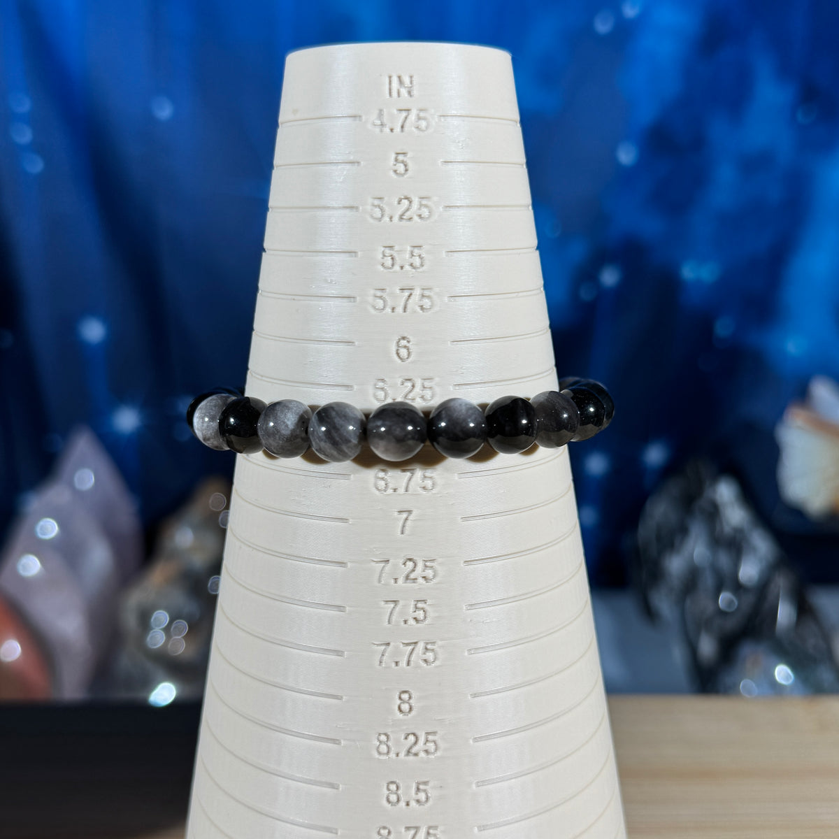 One (1) flashy Silver Sheen Obsidian bracelet - 8mm beads - fits 6.5" wrist