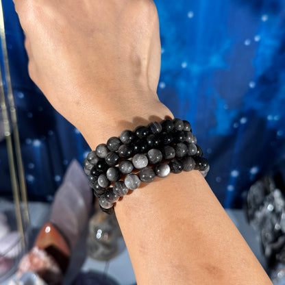 One (1) flashy Silver Sheen Obsidian bracelet - 8mm beads - fits 6.5" wrist