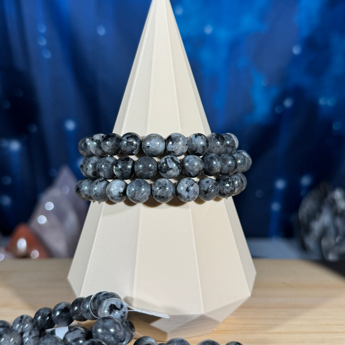 One (1) Larvikite bracelet - 8mm beads - fits 6.75" wrist