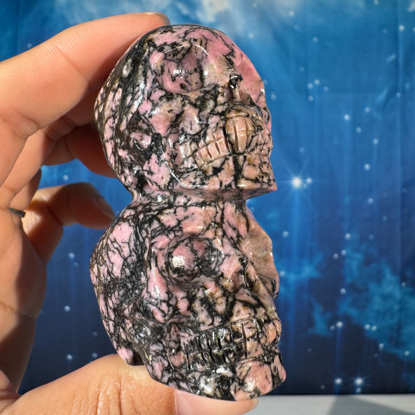Pink Rhodonite Skull – Stacked • 0.238 kg