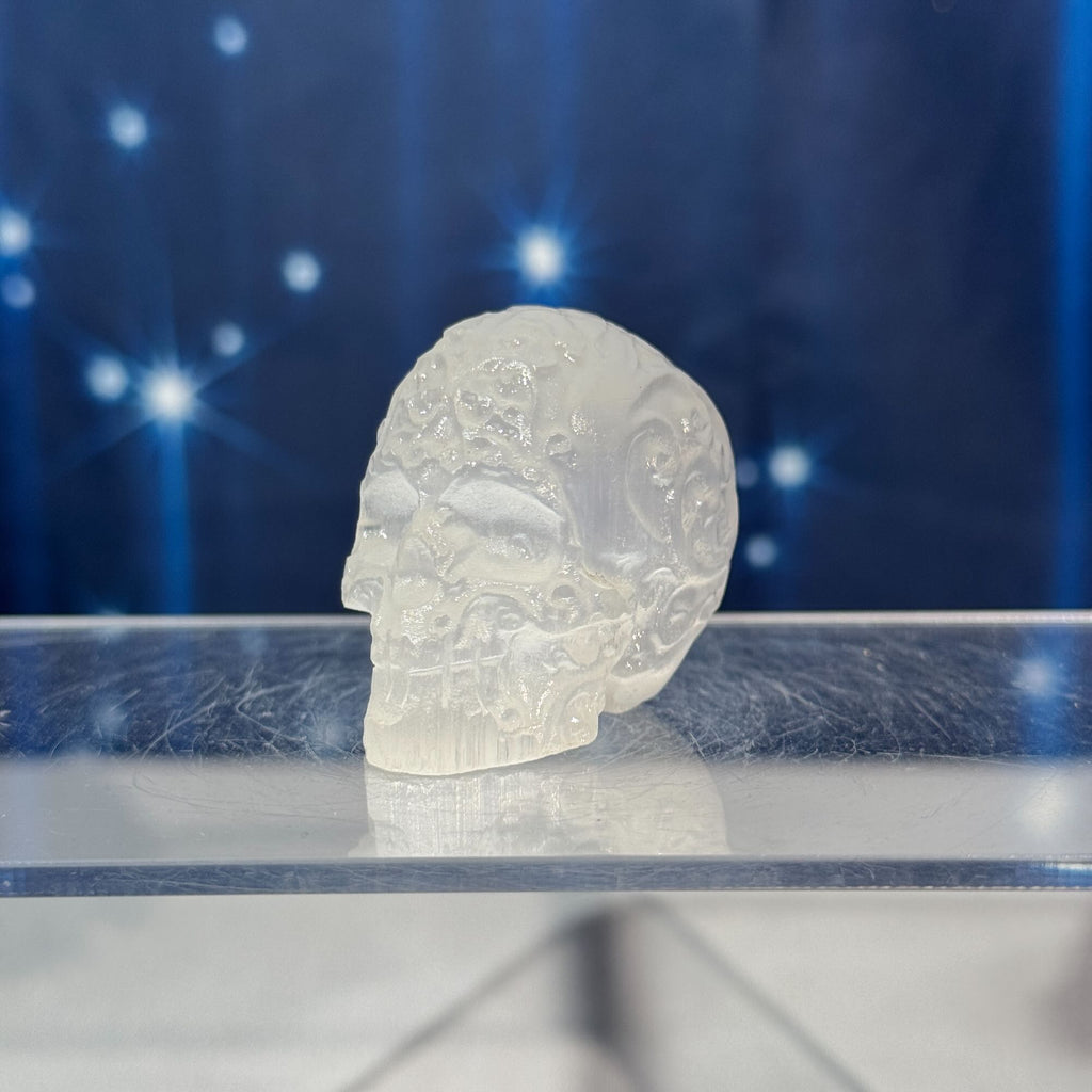 Engraved Satin Spar Skull – 0.057 kg