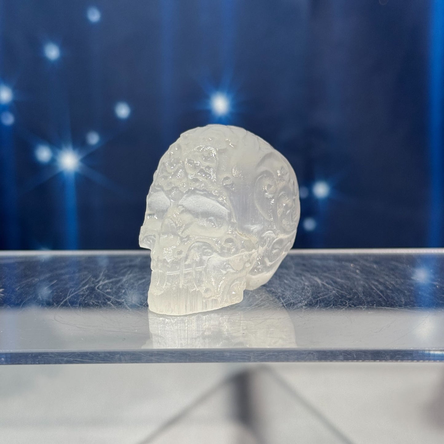 Engraved Satin Spar Skull – 0.057 kg
