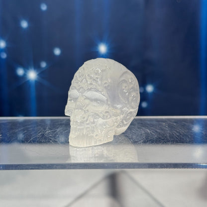 Engraved Satin Spar Skull – 0.057 kg