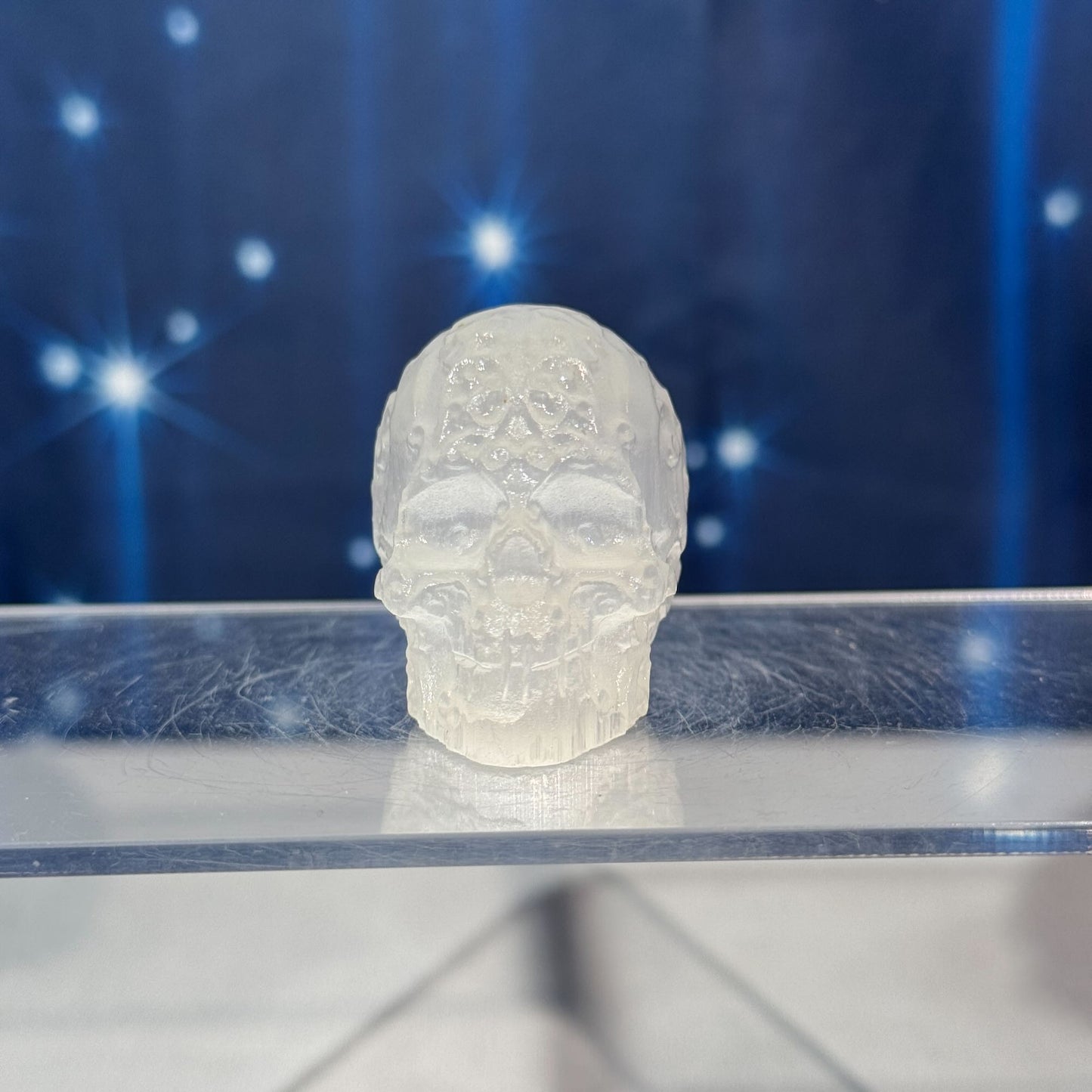 Engraved Satin Spar Skull – 0.057 kg