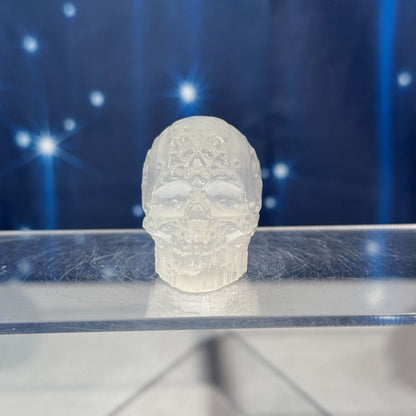 Engraved Satin Spar Skull – 0.057 kg