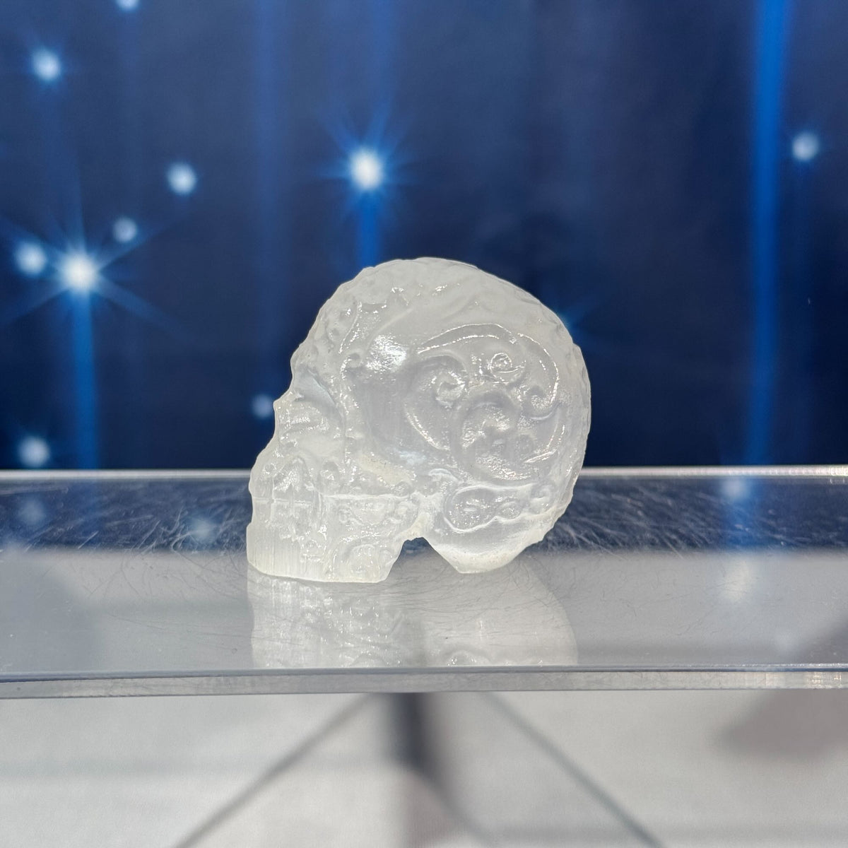 Engraved Satin Spar Skull – 0.057 kg
