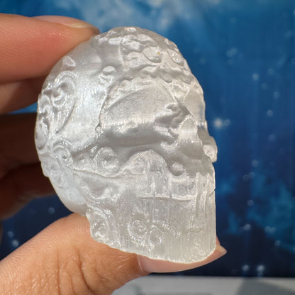 Engraved Satin Spar Skull – 0.057 kg