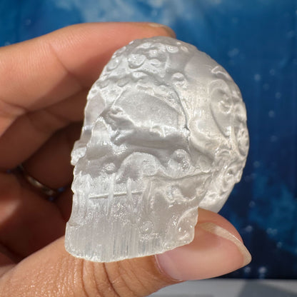 Engraved Satin Spar Skull – 0.057 kg