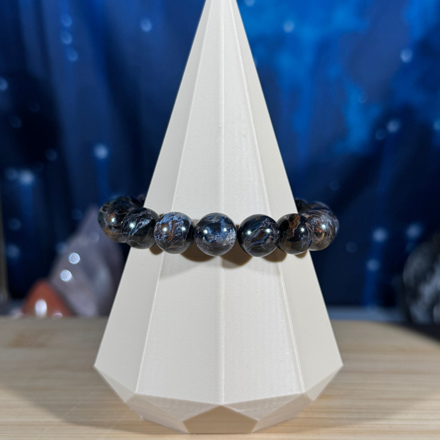 One (1) Pietersite bracelet - 11mm beads - fits 6.5" wrist - flashy