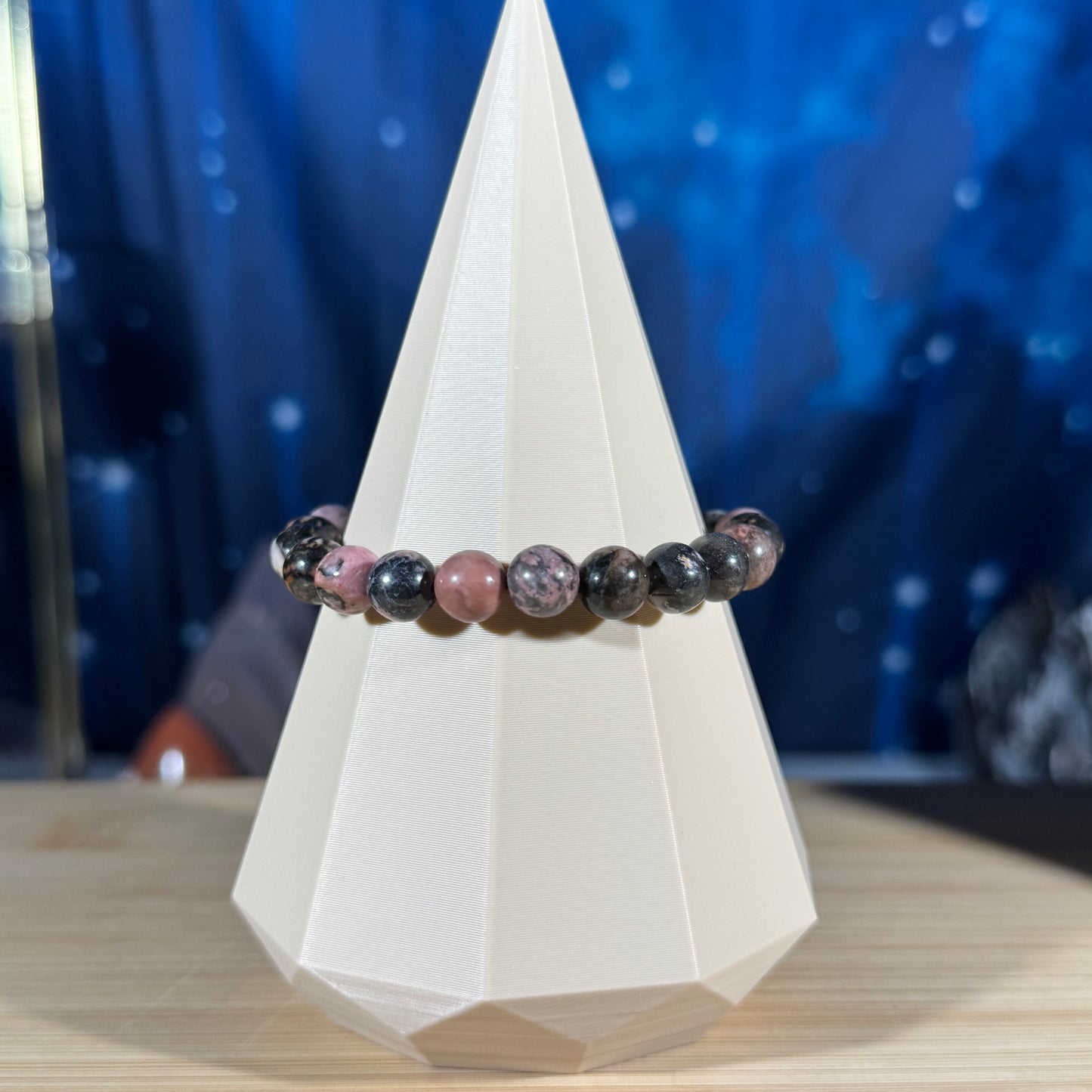 One (1) Rhodonite bracelet - 8mm beads - fits 6.25" wrist - low-grade