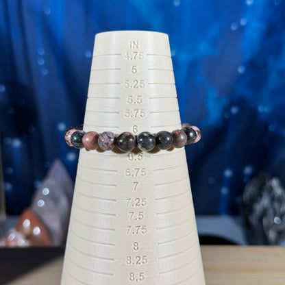 One (1) Rhodonite bracelet - 8mm beads - fits 6.25" wrist - low-grade