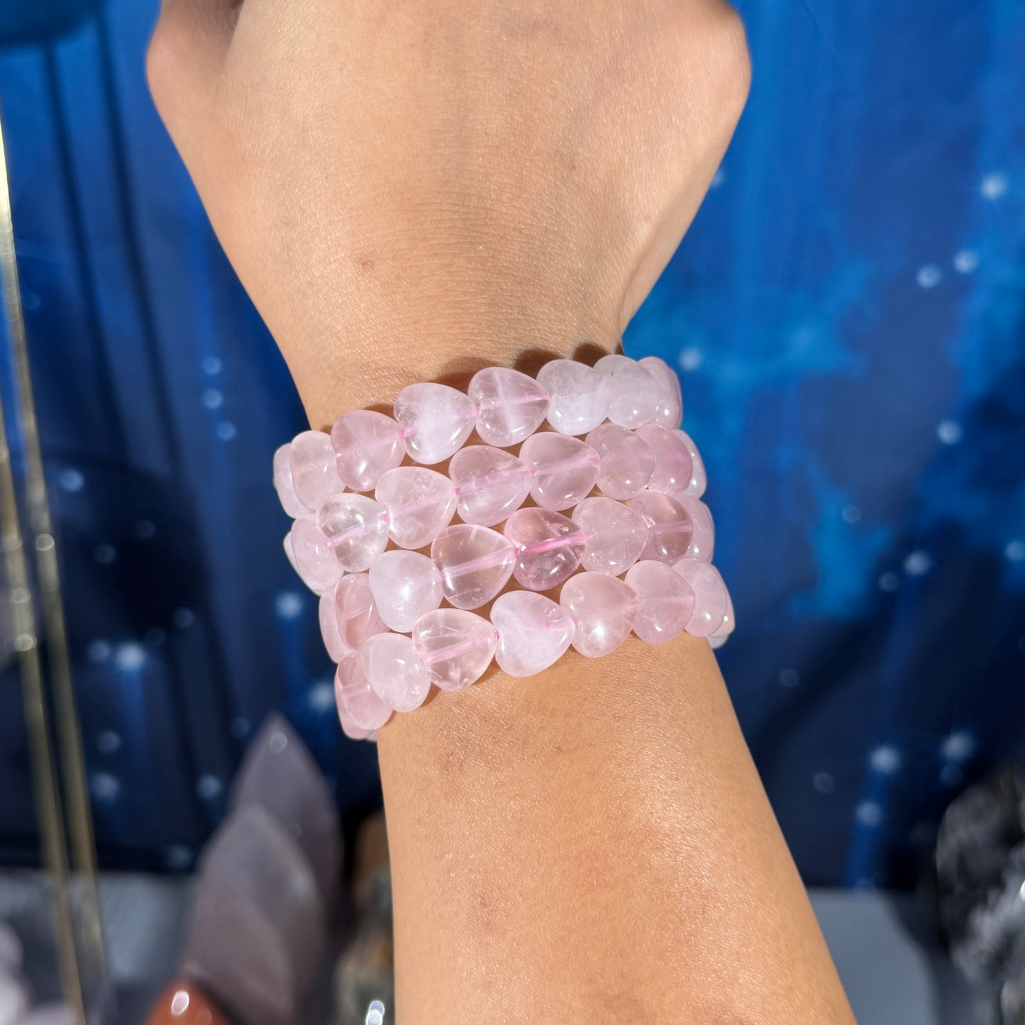 One (1) Rose Quartz heart bracelet - 12mm bead length - fits 6.5" wrist