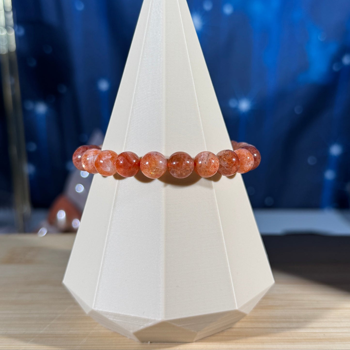 One (1) Sunstone bracelet - 8mm beads - fits 6.5" wrist - super flashy
