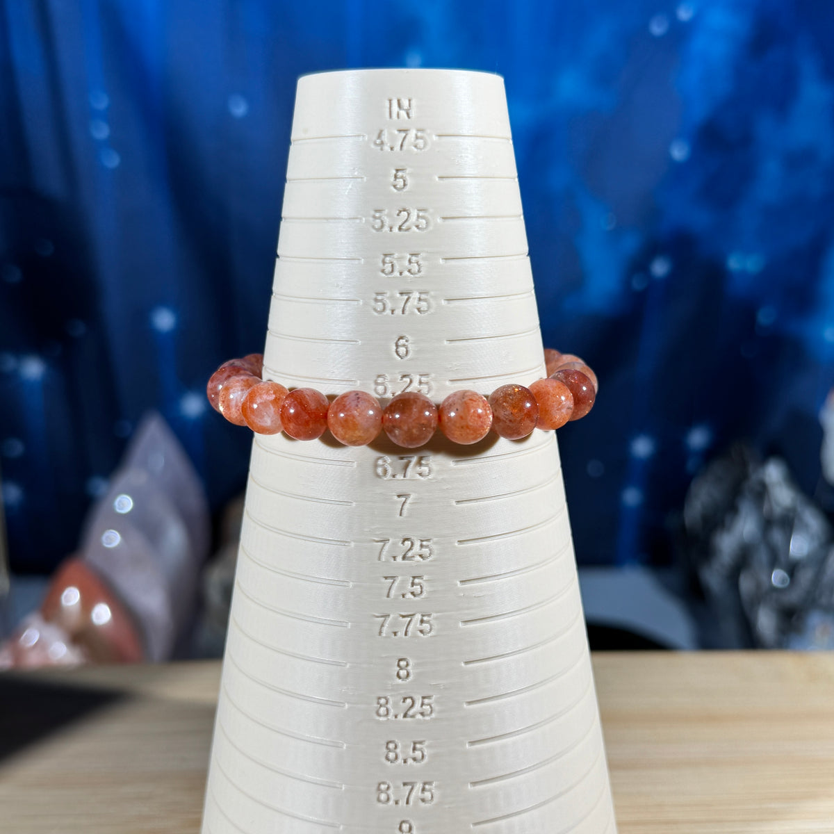 One (1) Sunstone bracelet - 8mm beads - fits 6.5" wrist - super flashy