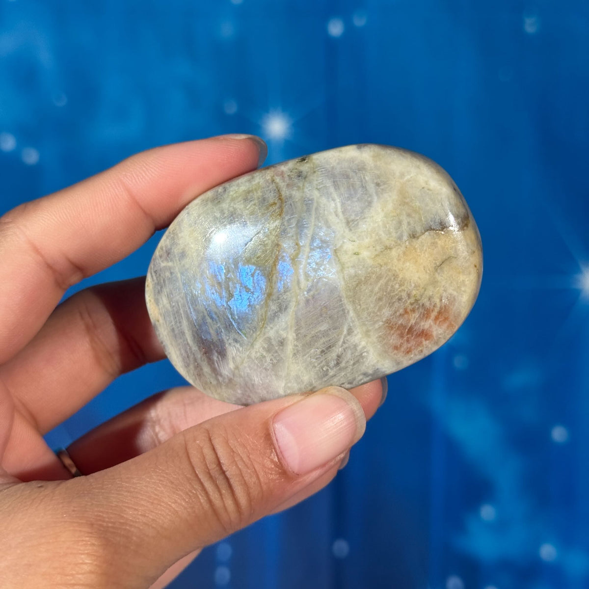 Russian Moonstone with Sunstone Palmstone – Belomorite • 0.082 kg