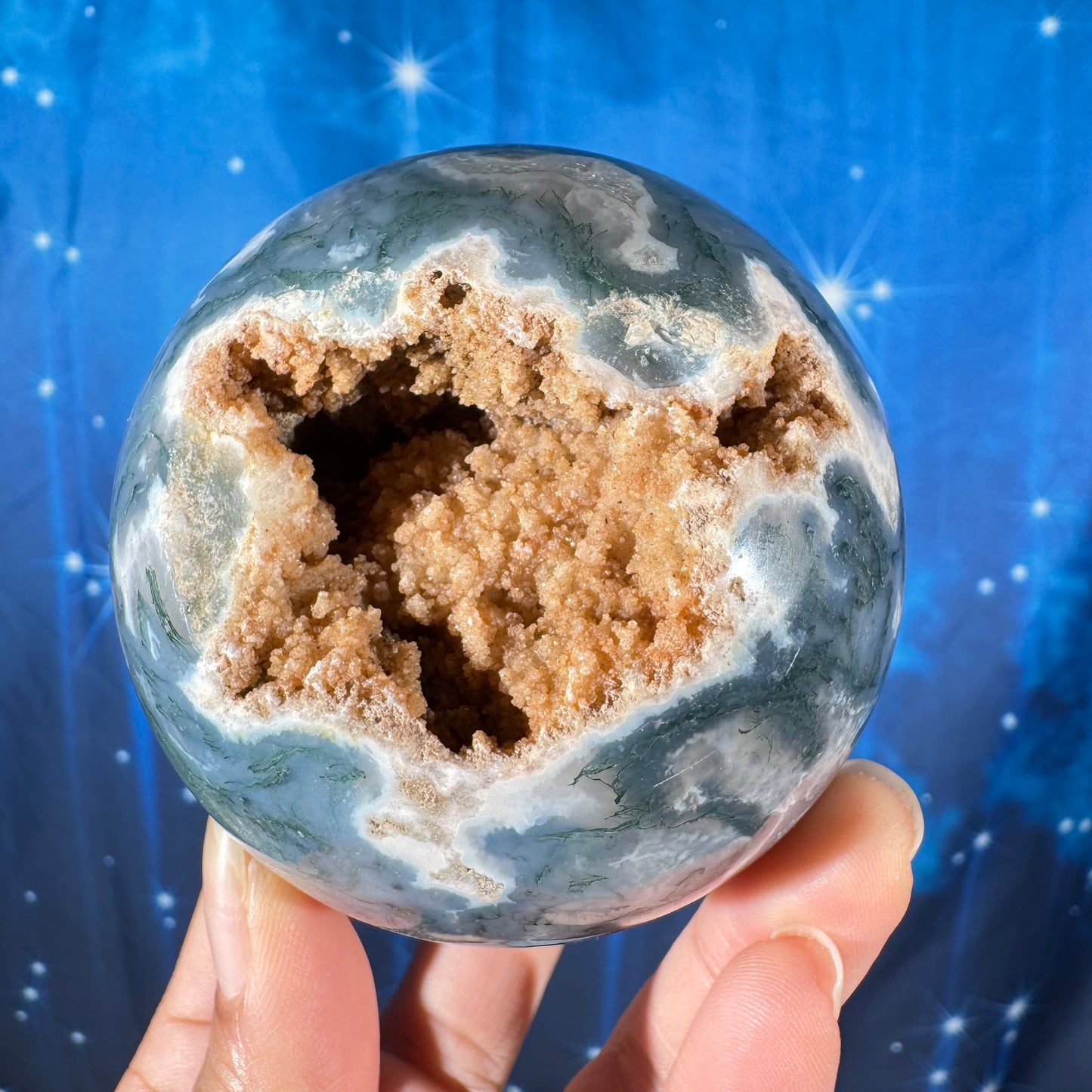 Moss agate sphere - 72mm - 1 lb 1.7 oz