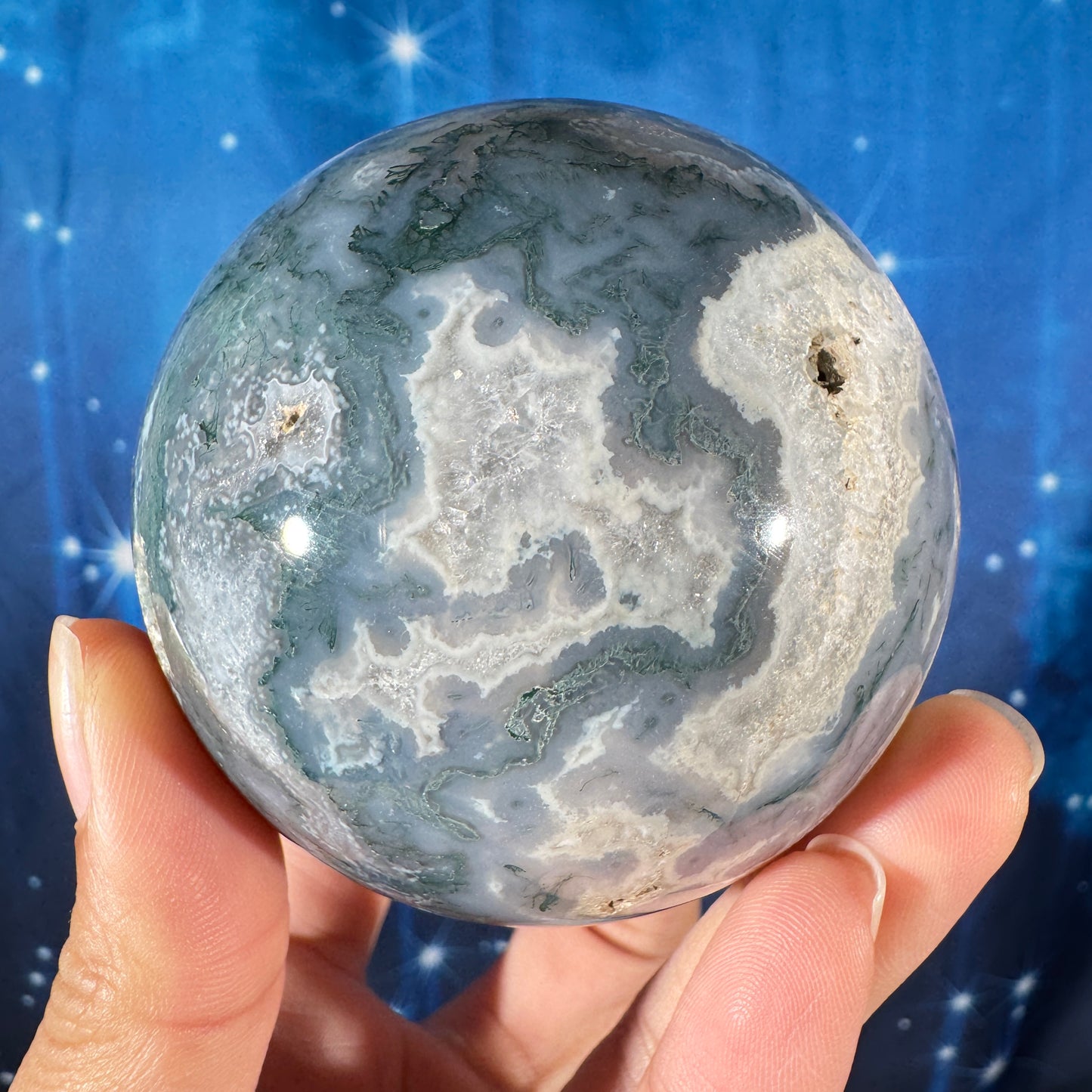 Moss agate sphere - 72mm - 1 lb 1.7 oz