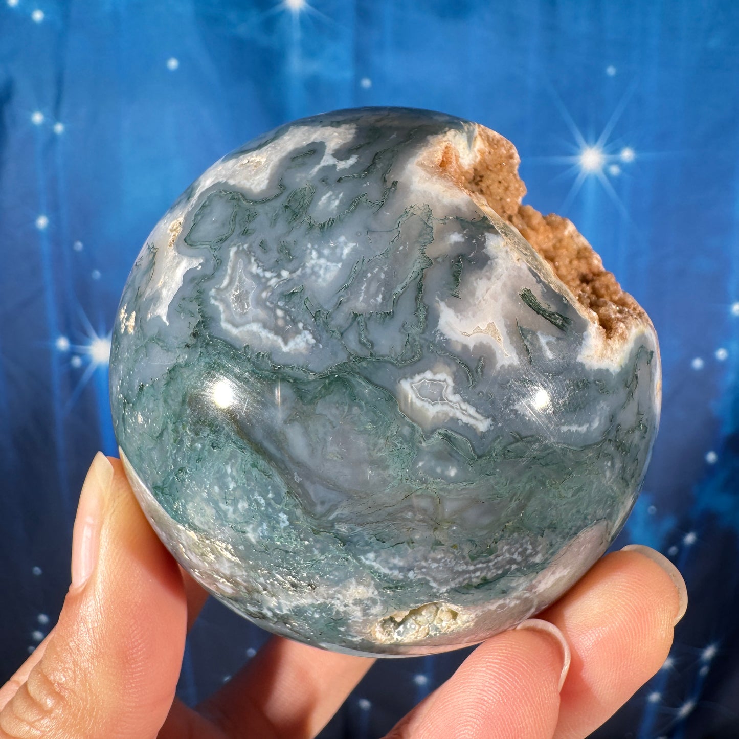Moss agate sphere - 72mm - 1 lb 1.7 oz