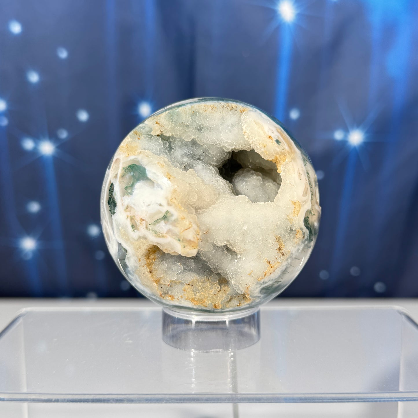 Moss agate sphere - 70mm - 14.3 oz