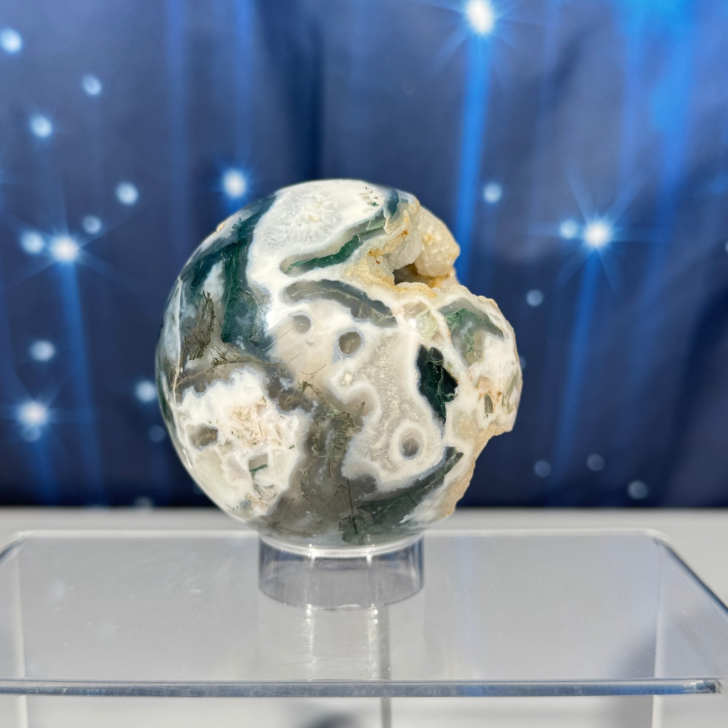 Moss agate sphere - 70mm - 14.3 oz