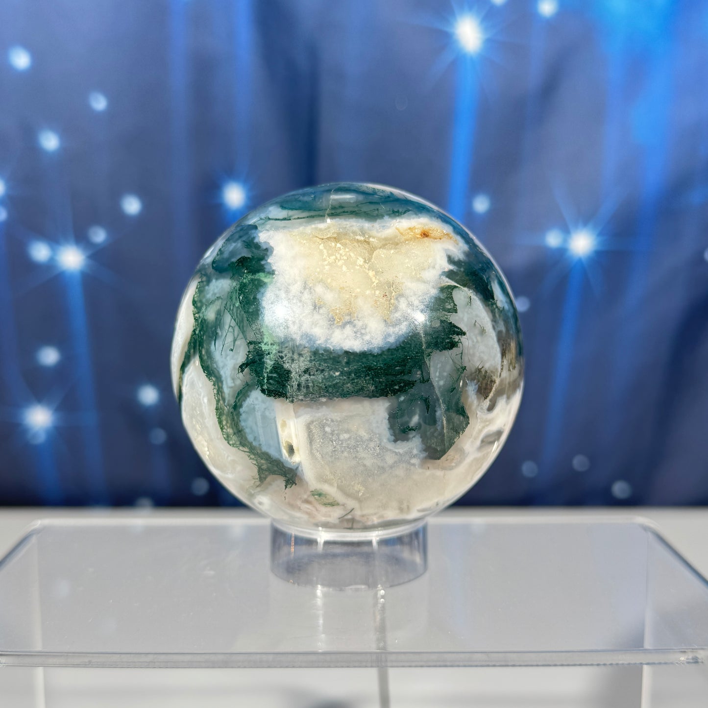 Moss agate sphere - 70mm - 14.3 oz