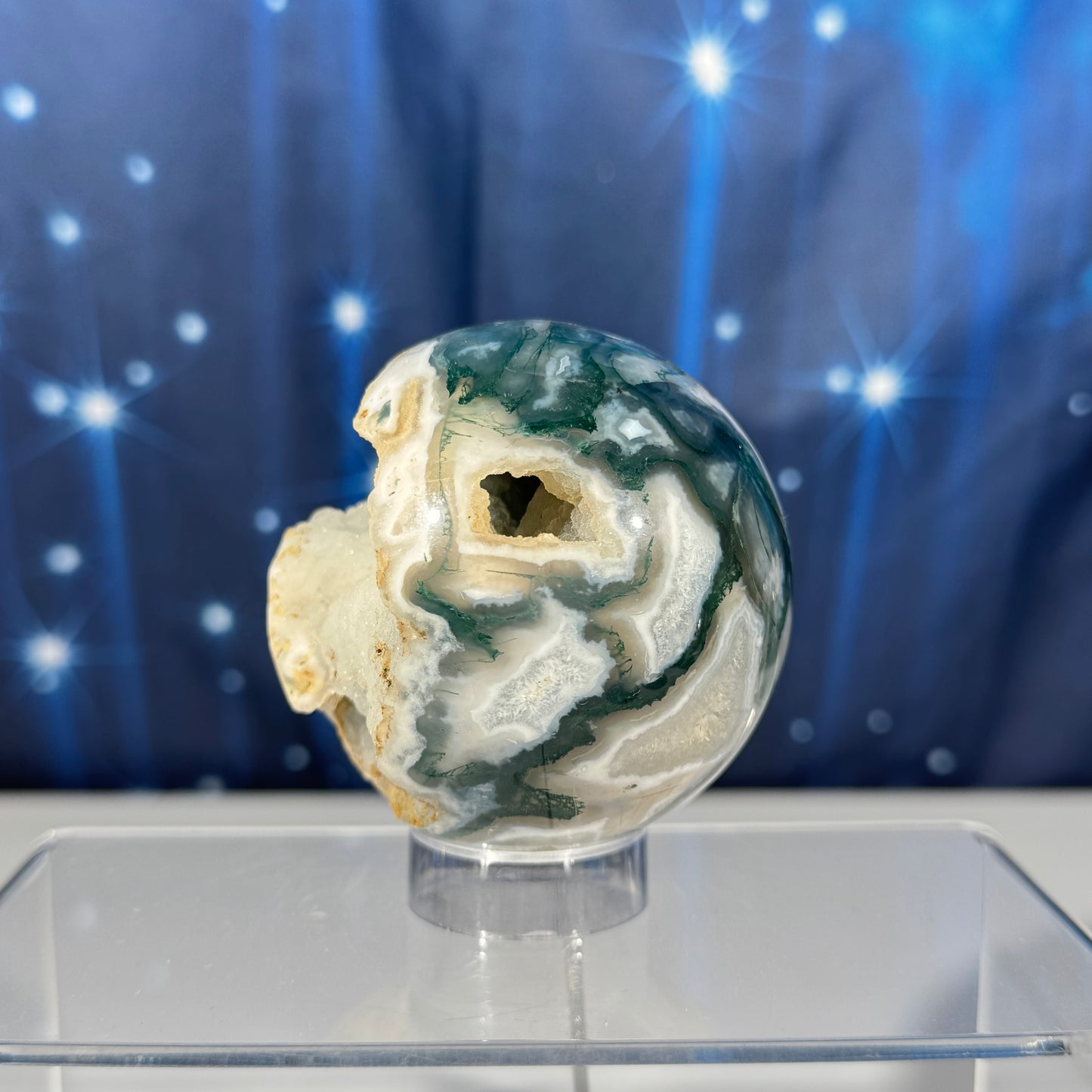 Moss agate sphere - 70mm - 14.3 oz