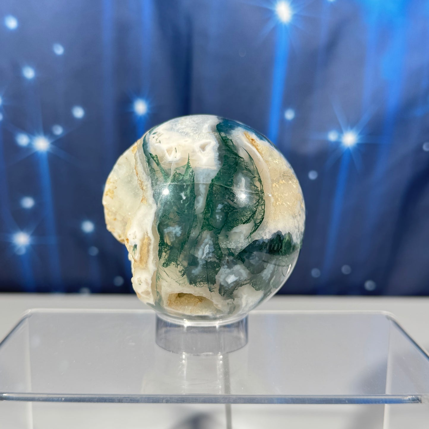 Moss agate sphere - 70mm - 14.3 oz