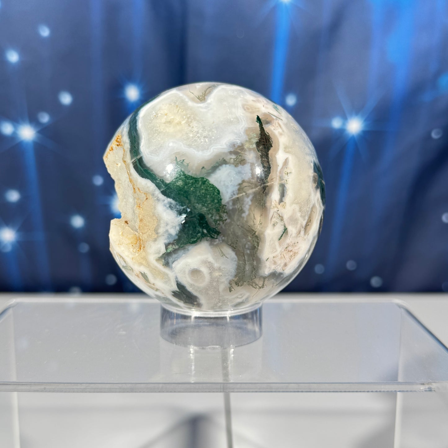 Moss agate sphere - 70mm - 14.3 oz
