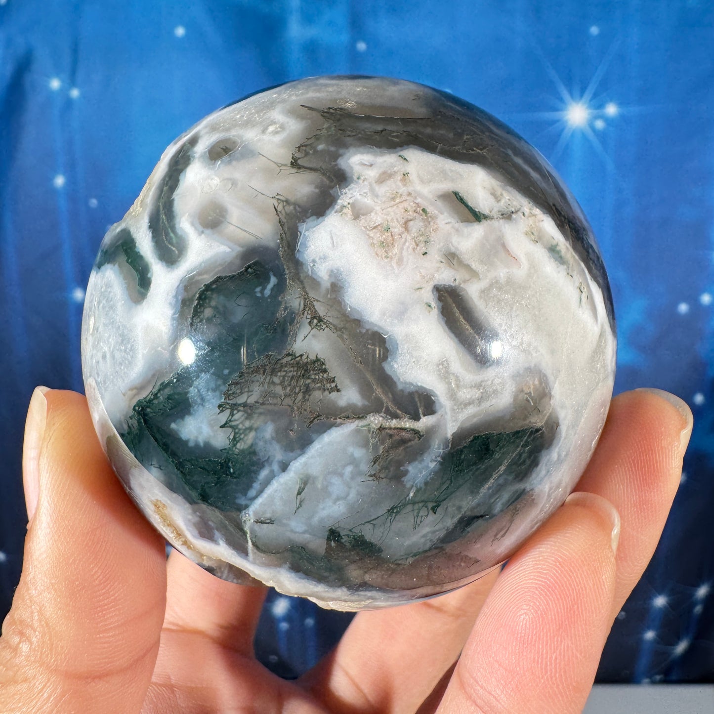 Moss agate sphere - 70mm - 14.3 oz