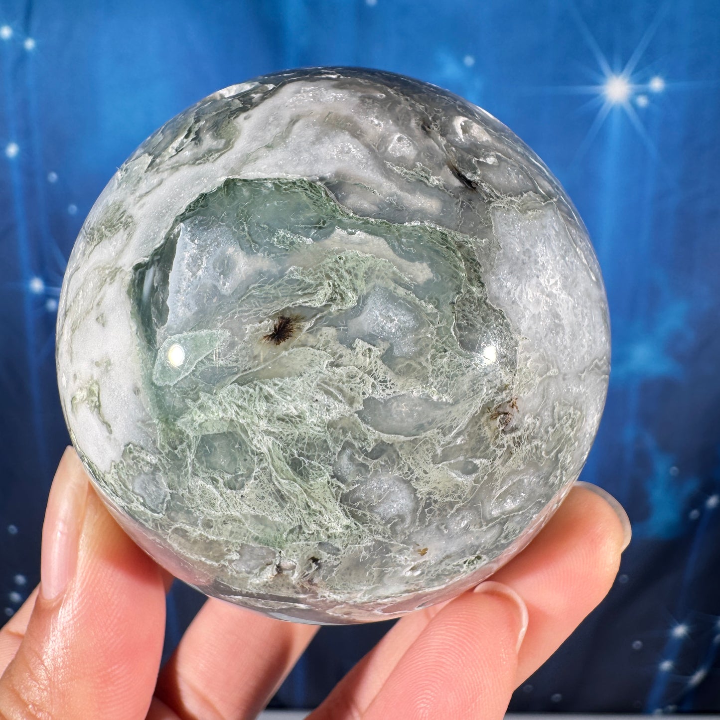 Moss agate sphere - 65mm - 12.7 oz