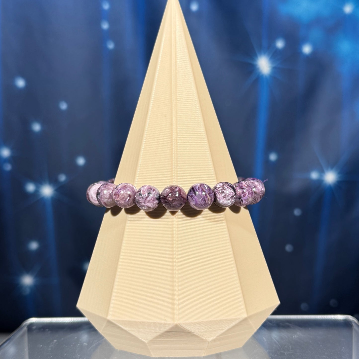 One (1) Charoite bracelet - 9mm beads, fits 6.5" wrist - flashy